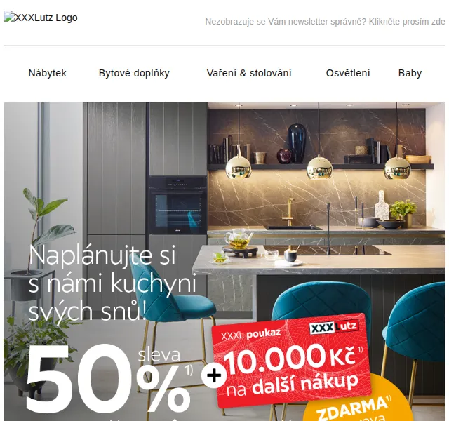 XXXLutz: Kuchyně se slevou 50 % a poukazem 10 000 Kč – červen 2026 | Nuslet.cz