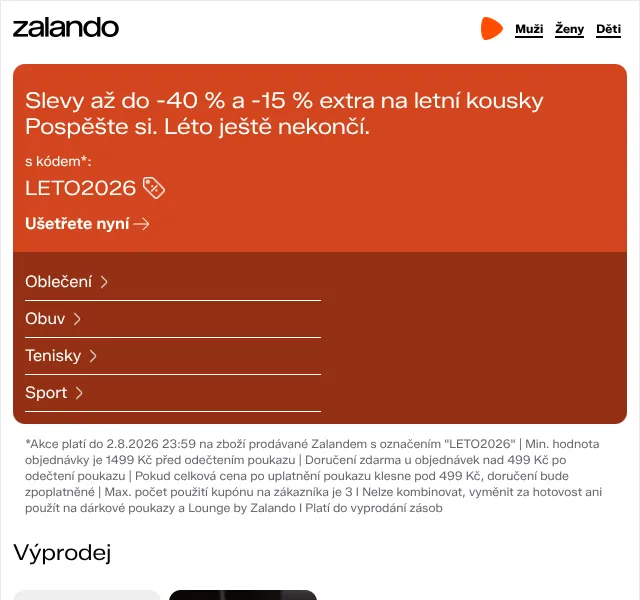 Zalando: slevy až -40 % + -15 % extra kód LETO2026 | Srpen 2026