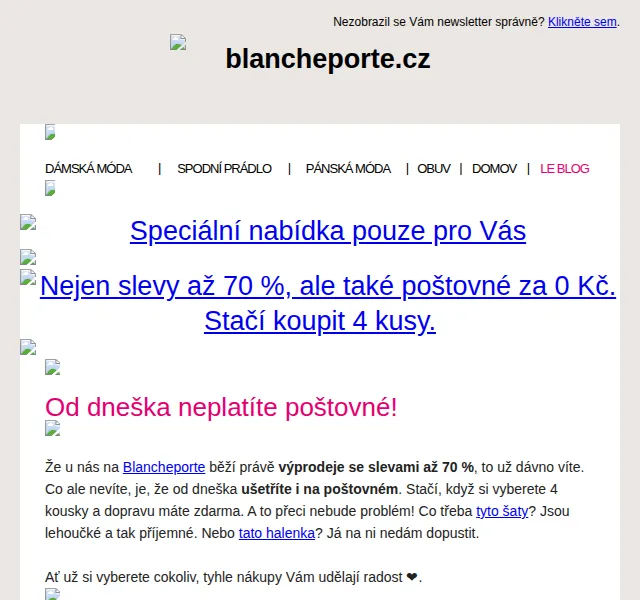 Blancheporte: slevy až 70 % a poštovné zdarma ke 4 kusům – červen 2026 | Nuslet.cz