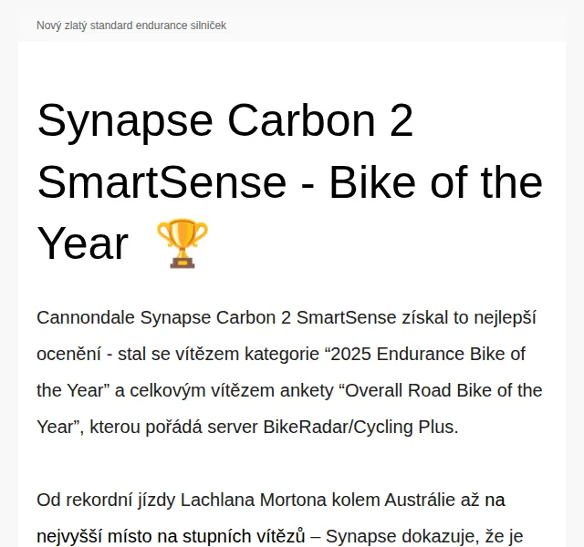 Cannondale: Synapse Carbon 2 SmartSense – červenec 2026 | Nuslet.cz
