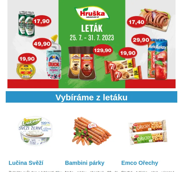 Váš HRUŠKA tým: Leták Lučina, Bambini, Becherovka – červenec 2026 | Nuslet.cz