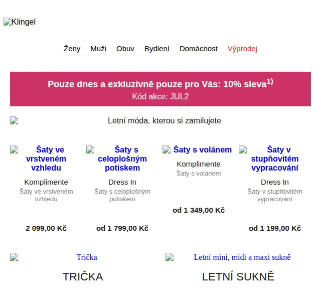 KLiNGEL: 10% sleva na letní módu – červenec 2026 | Nuslet.cz