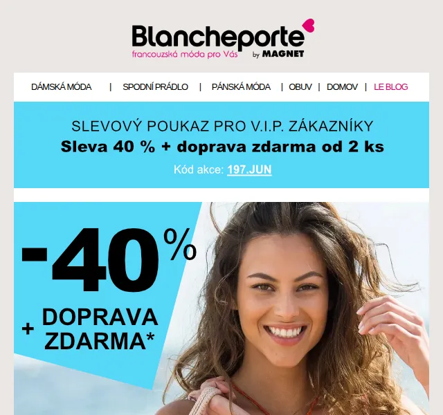 Blancheporte: sleva 40 % na vše + doprava zdarma – červen 2026 | Nuslet.cz