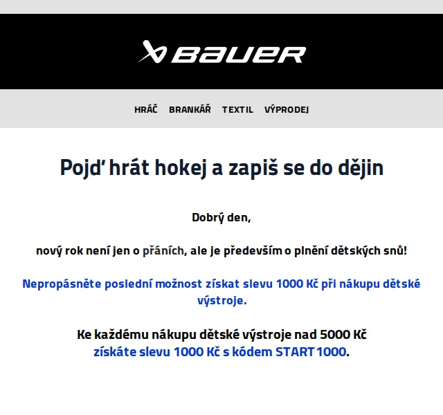 Bauer Hockey Česko: Sleva 1000 Kč na dětskou výstroj – červenec 2026 | Nuslet.cz