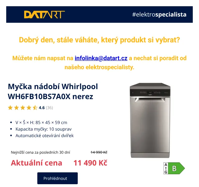 DATART: Myčky nádobí Whirlpool, Candy, Gorenje – srpen 2026