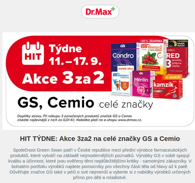 Dr.Max E-shop: Akce 3za2 na značky GS a Cemio – červenec 2026 | Nuslet.cz