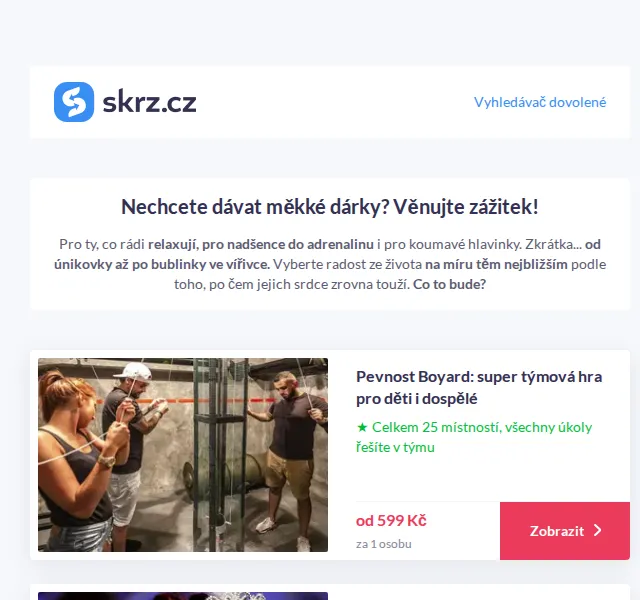 Skrz: vánoční dárky zážitky – únikovky, wellness i adrenalin | červenec 2026 | Nuslet.cz