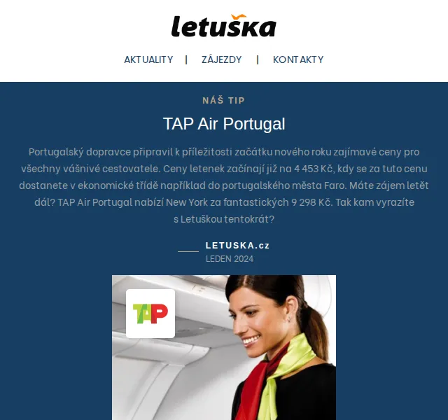 Letuška.cz: TAP Air Portugal od 4 453 Kč – červen 2026 | Nuslet.cz