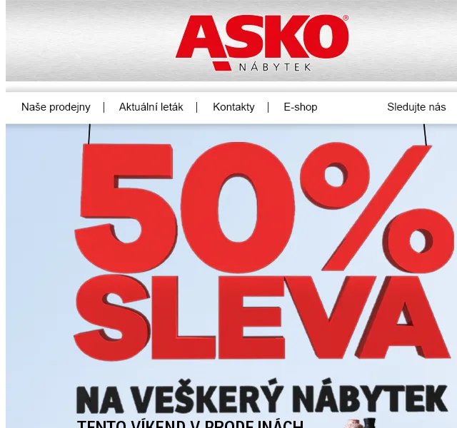 Asko Nábytek: 50% SLEVA na veškerý nábytek – červen 2026 | Nuslet.cz