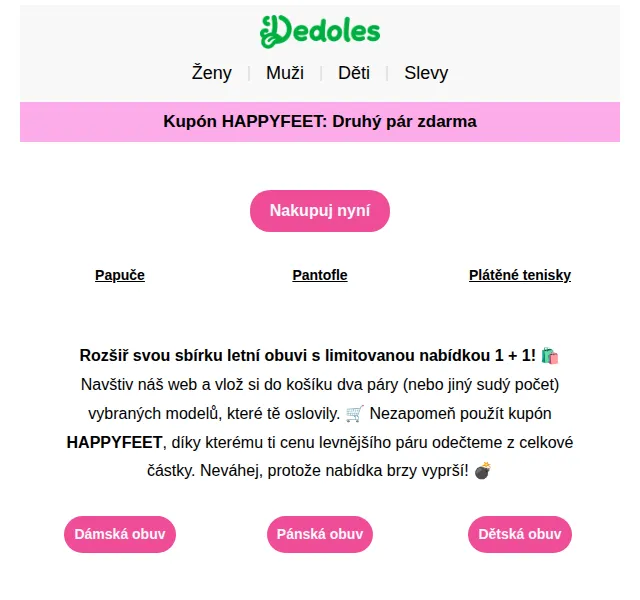 Dedoles.cz: Letní obuv 1+1 zdarma – červenec 2026 | Nuslet.cz
