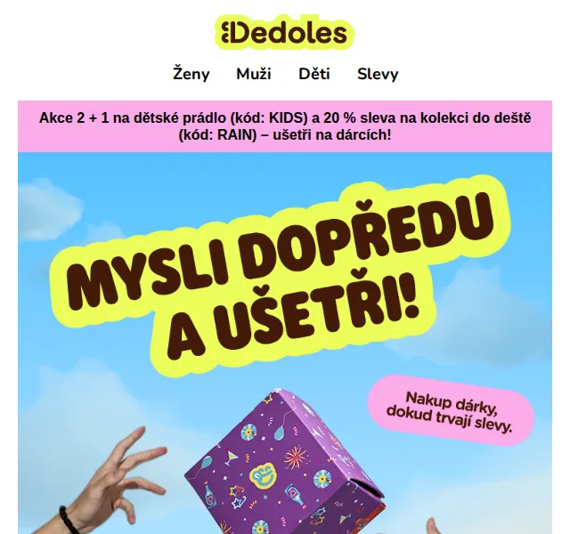 Dedoles: Dárky beze shonu – 2+1 na dětské prádlo a 20% na kolekci do deště – červenec 2026 | Nuslet.cz