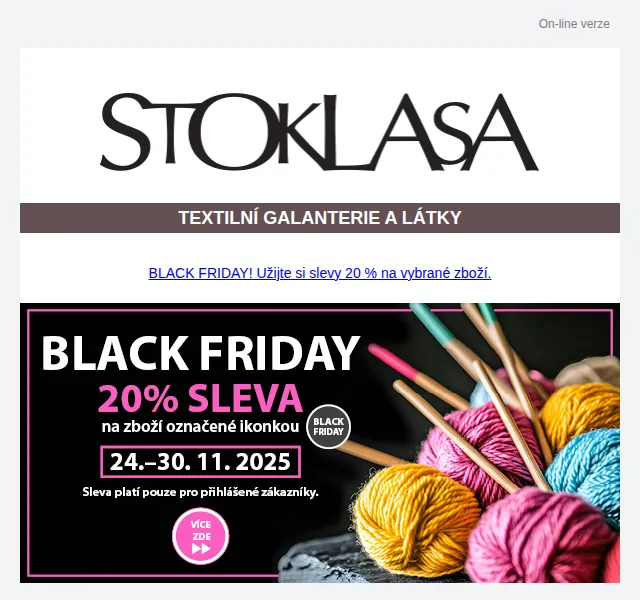 Stoklasa: 20% sleva na textilní galanterii – červenec 2026 | Nuslet.cz
