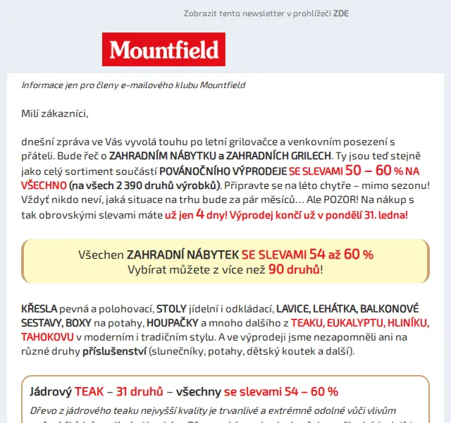 Mountfield: Povánoční výprodej 50-60% na vše – červen 2026 | Nuslet.cz
