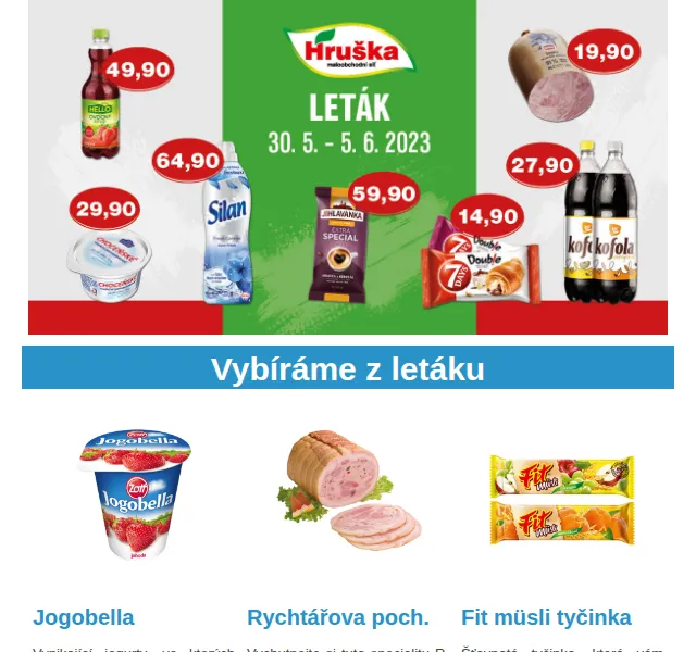 Váš HRUŠKA tým: Jogobella 9,90 Kč, Rychtářova poch. 25,90 Kč, víno Chardonnay 119 Kč – červen 2026 | Nuslet.cz