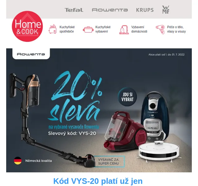 Home & Cook: Sleva 20 % na vysavače Rowenta – červenec 2022 | Nuslet.cz