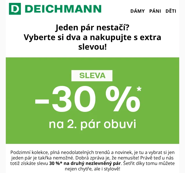 Deichmann: -30 % na 2. pár obuvi – září 2026