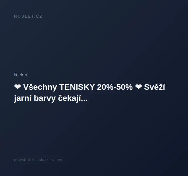Rieker: Tenisky 20–50 % a vše ostatní až –60 % – červen 2026 | Nuslet.cz