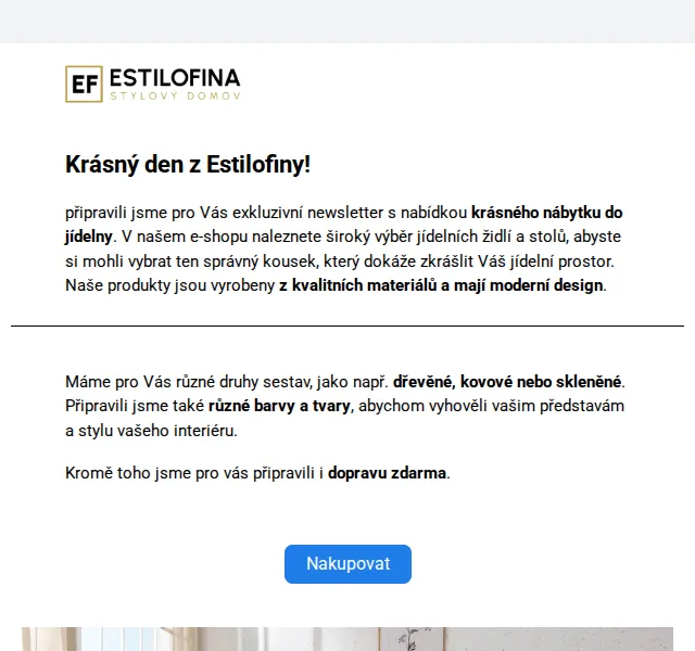 Estilofina-nabytek.cz – jídelní stůl Kaniesa 160 cm 10 999 Kč, židle Timber 3 879 Kč – červen 2026 | Nuslet.cz