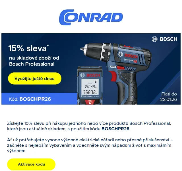 Conrad Electronic: 15% sleva na Bosch Professional – červenec 2026 | Nuslet.cz