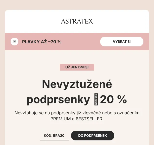 Astratex: podprsenky −20 %, plavky až −70 % | červenec 2026