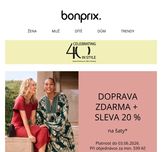 Bonprix: 20 % sleva na šaty + doprava zdarma – červen 2026