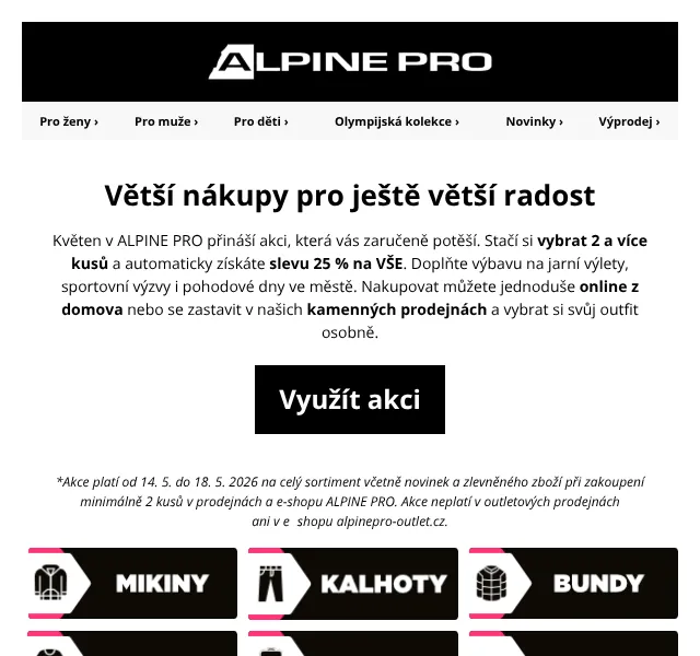 ALPINE PRO: sleva 25 % na vše – květen 2026 | Nuslet.cz