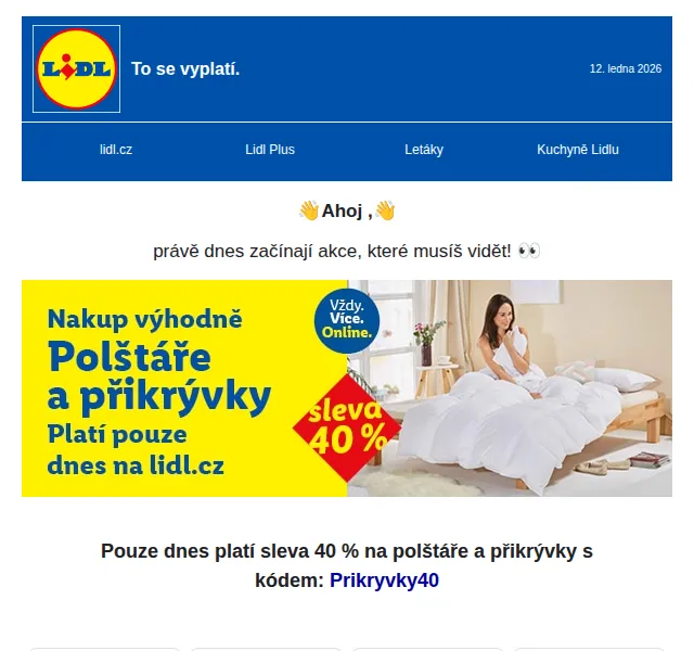 Lidl: 40 % sleva na polštáře, přikrývky – leden 2026