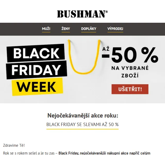 BUSHMAN: Black Friday se slevami až 50 % – listopad 2026 | Nuslet.cz