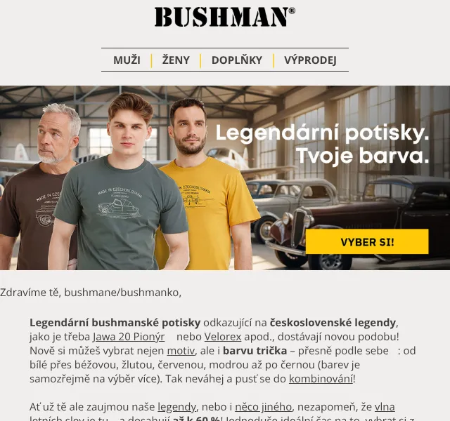 BUSHMAN: Legendární potisky — sleva až 60 % | Červenec 2026