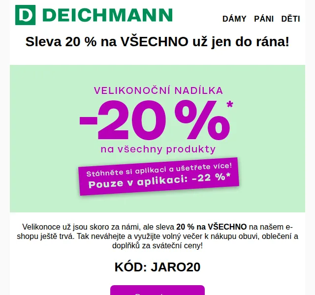 Deichmann: -20 % na veškerou obuv a oblečení – duben 2026