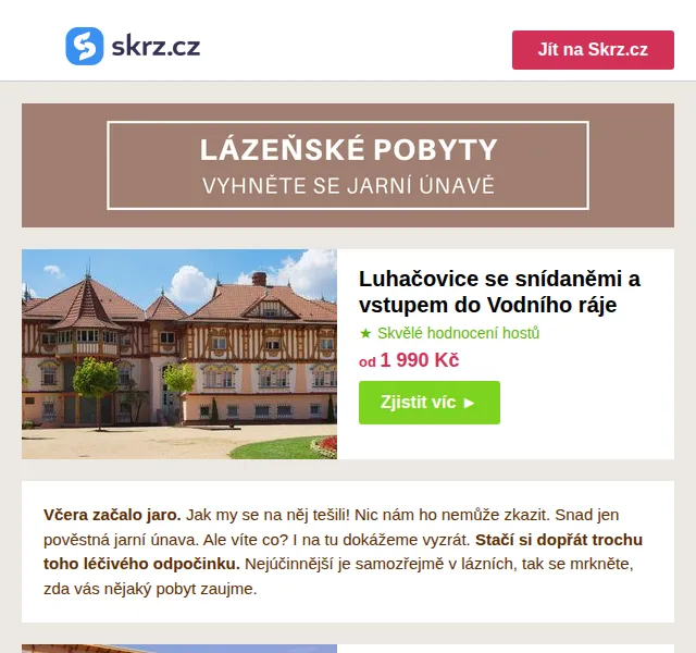 Skrz: Lázeňské pobyty na jaře – od 1 990 Kč – červen 2026 | Nuslet.cz