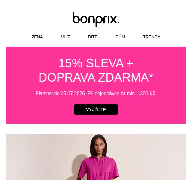 Bonprix: 15% sleva + doprava zdarma – červenec 2026