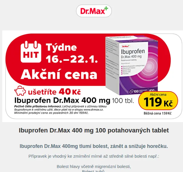 Dr.Max: Ibuprofen 400 mg 100 tbl. – úspora 40 Kč | červenec 2026 | Nuslet.cz