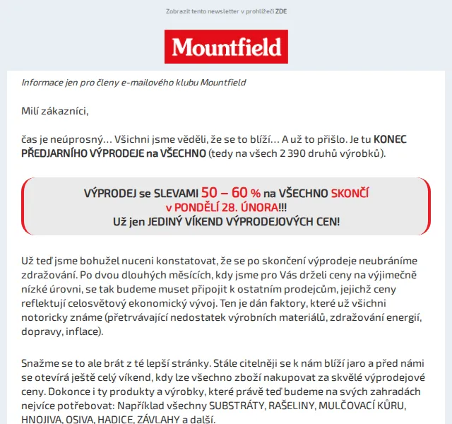 Mountfield: Předjarní výprodej se slevami 50–60 % – červen 2026 | Nuslet.cz