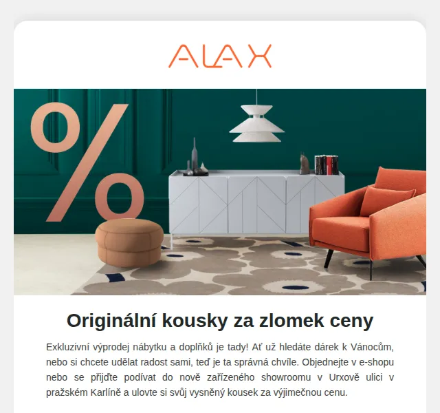 ALAX nábytek: Vánoční designový outlet slevy až 80 % – červenec 2026 | Nuslet.cz