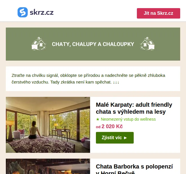 Vánoce na Skrz: Roubenky a chaty od 989 Kč – červen 2026 | Nuslet.cz