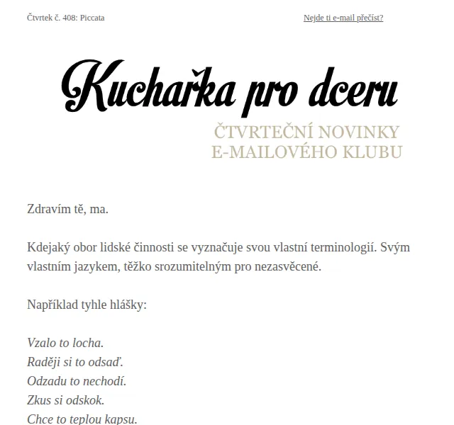 Florentýna - Kuchařka pro dceru: Piccata – červen 2026 | Nuslet.cz