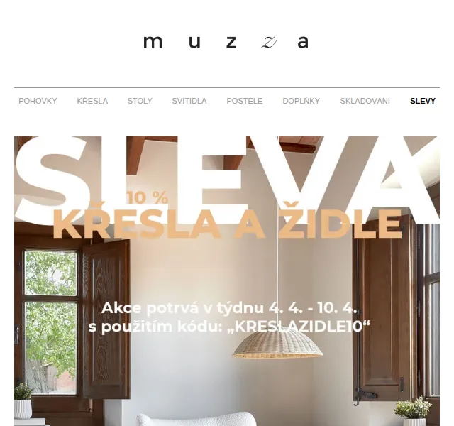 MUZZA: Sleva 10 % na křesla a židle – červen 2026 | Nuslet.cz