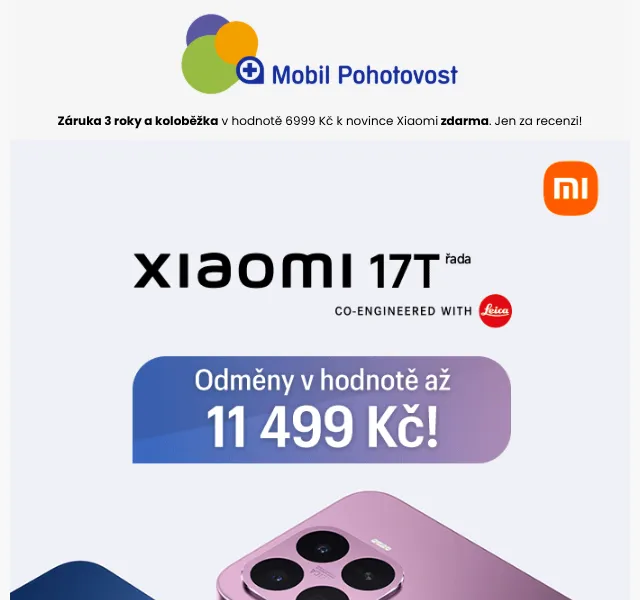 Mobil Pohotovost: Xiaomi 17T zdarma koloběžka – červen 2026
