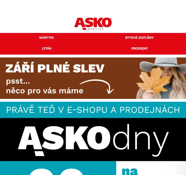 Asko Nábytek: Sleva 20 % na celý nákup - červenec 2026 | Nuslet.cz