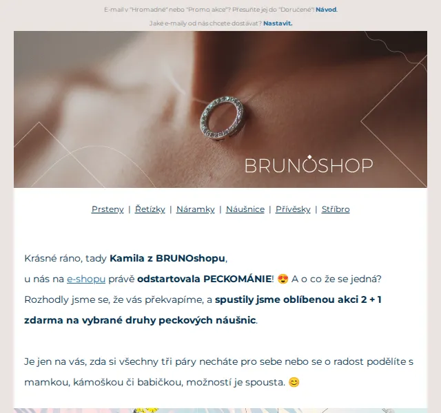 BRUNOshop: 2+1 ZDARMA na peckové náušnice – červenec 2026 | Nuslet.cz