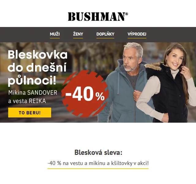 BUSHMAN: -40% na mikinu SANDOVER a vestu REIKA – červenec 2026 | Nuslet.cz