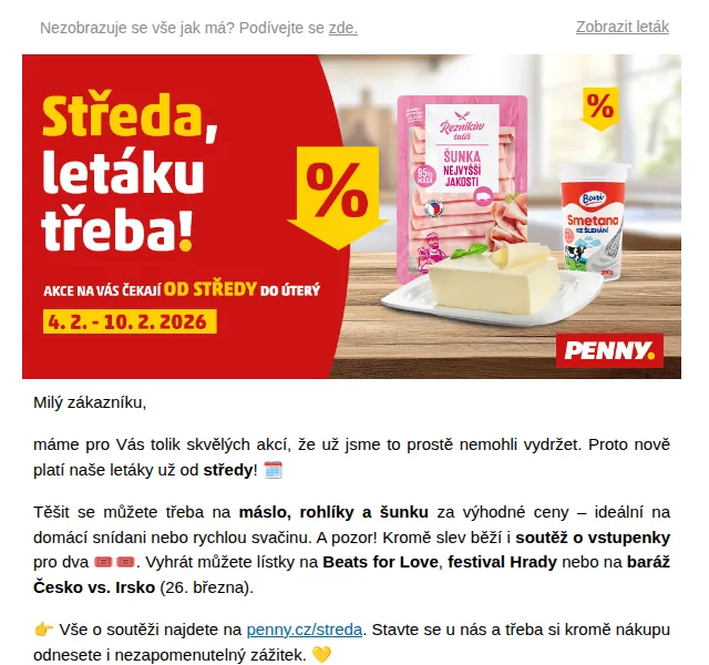 Penny: Máslo 19,90 Kč, rohlíky 2,90 Kč – únor 2026 | Nuslet.cz