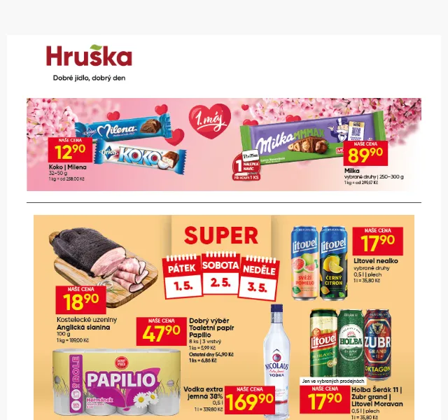 Hruška: Activia 9,90 Kč, nápoje a potraviny – květen 2026