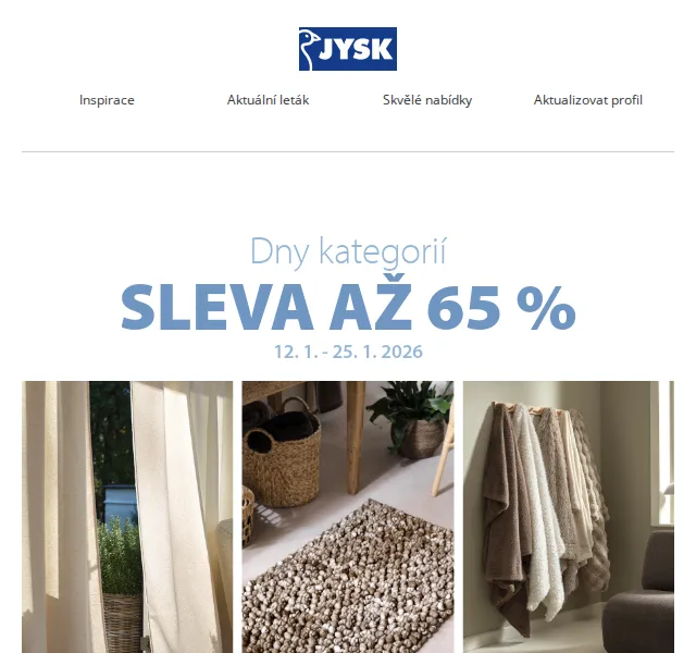 JYSK: Nábytok a bytový textil až –65 % – duben 2026