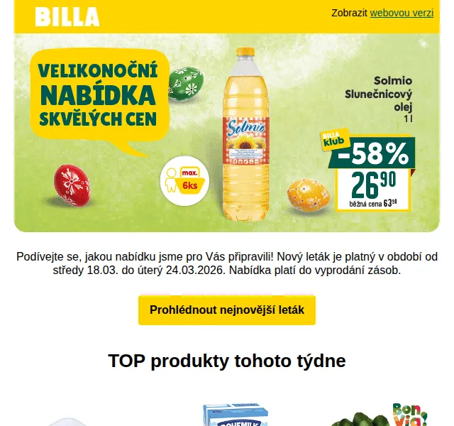Billa Velikonoce: Jahody -40 %, mléko 8,90 Kč – březen 2026 | Nuslet.cz