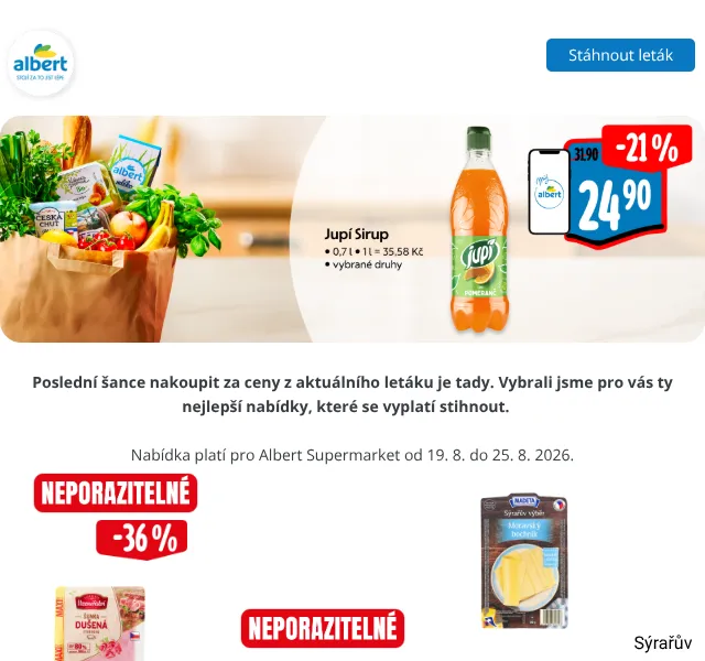 Albert: Jupí Sirup 24,90 Kč, Šunka 36,90 Kč – srpen 2026