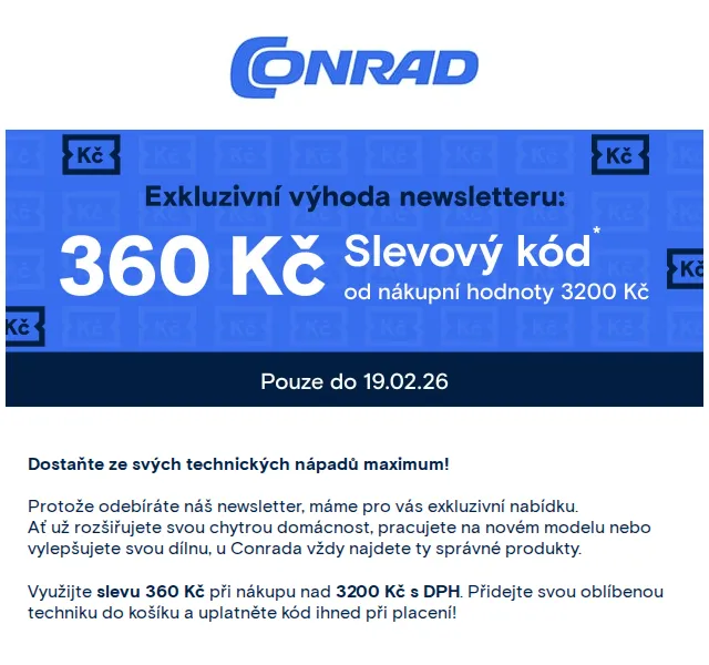 Conrad Electronic: Sleva 360 Kč na techniku – srpen 2026 | Nuslet.cz