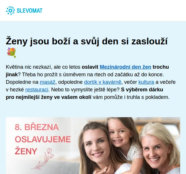 Slevomat: Dárky k MDŽ – wellness, večeře a zážitky od 149 Kč | červen 2026 | Nuslet.cz