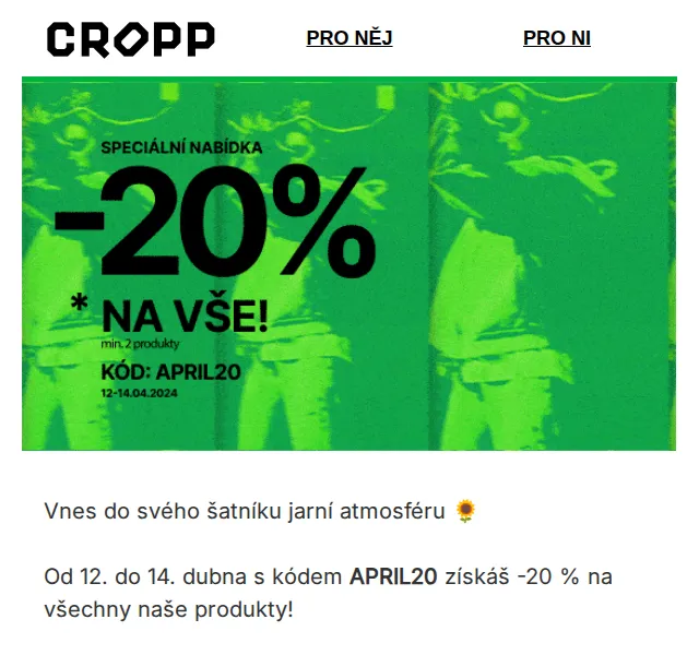 Cropp: sleva 20 % na všechny produkty – duben 2026 | Nuslet.cz